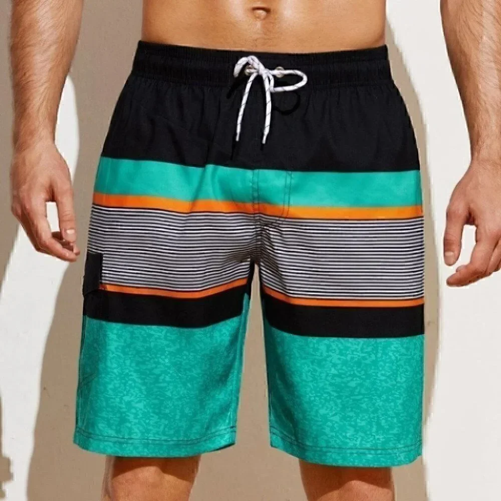Blue Vacation Style Men's Color Block Striped Swim Trunks